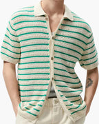 Men's Striped Crochet Knit Button Up Summer Polo Shirt