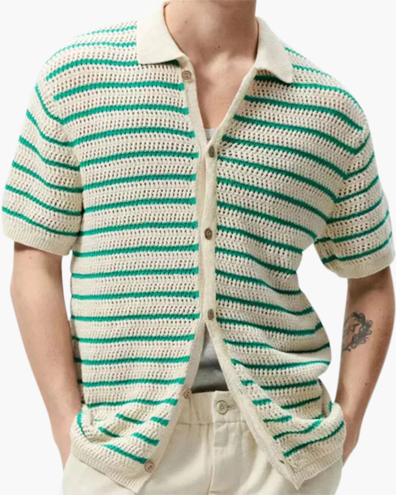 Men's Striped Crochet Knit Button Up Summer Polo Shirt