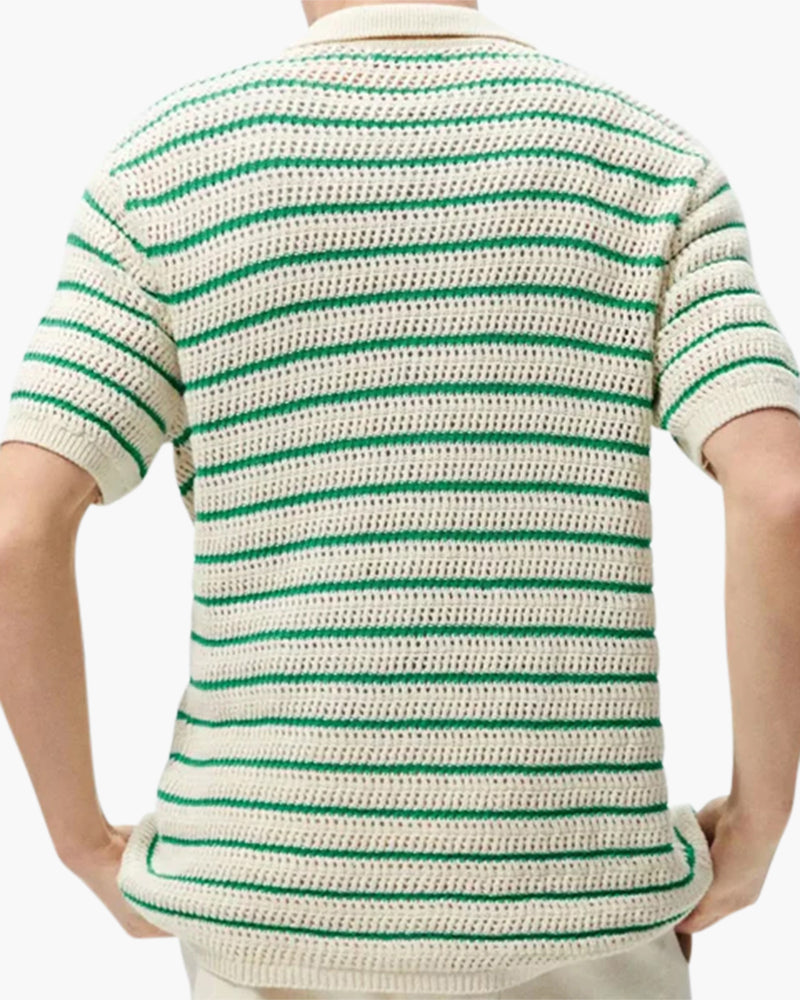 Men's Striped Crochet Knit Button Up Summer Polo Shirt