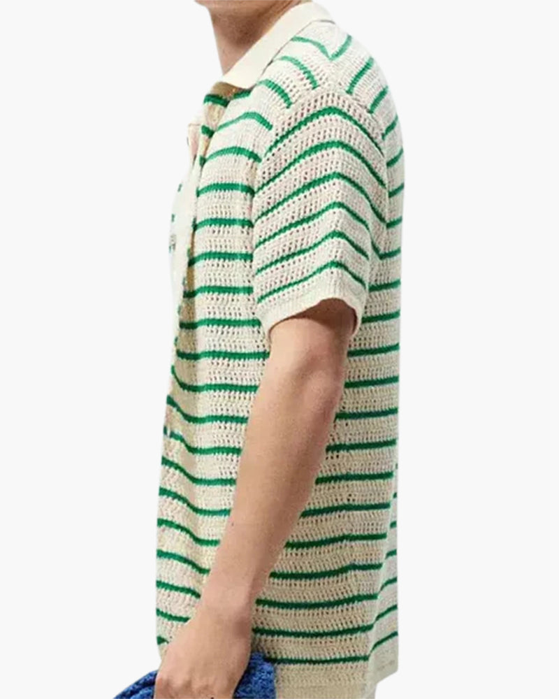 Men's Striped Crochet Knit Button Up Summer Polo Shirt