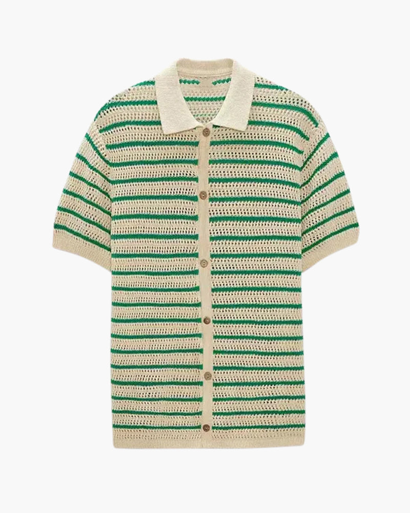 Men's Striped Crochet Knit Button Up Summer Polo Shirt