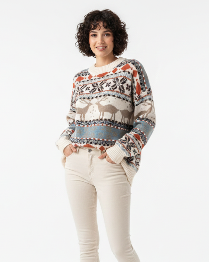 Women's Holiday Reindeer Knit Top with Snowflake Pattern - Blue
