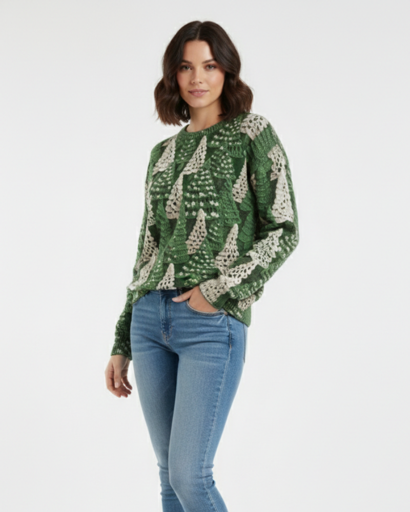 Women's Festive Evergreen Holiday Pullover in Soft Knit - Green