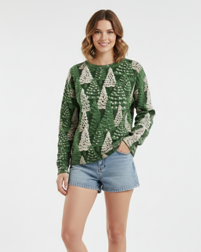 Women's Festive Evergreen Holiday Pullover in Soft Knit