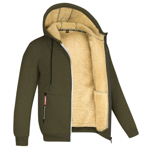 Men's Regular-Length Hooded Jacket with Wool Lining and Zipped Pockets - Olive Green