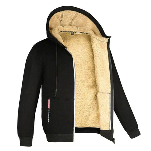 Men's Regular-Length Hooded Jacket with Wool Lining and Zipped Pockets - Black