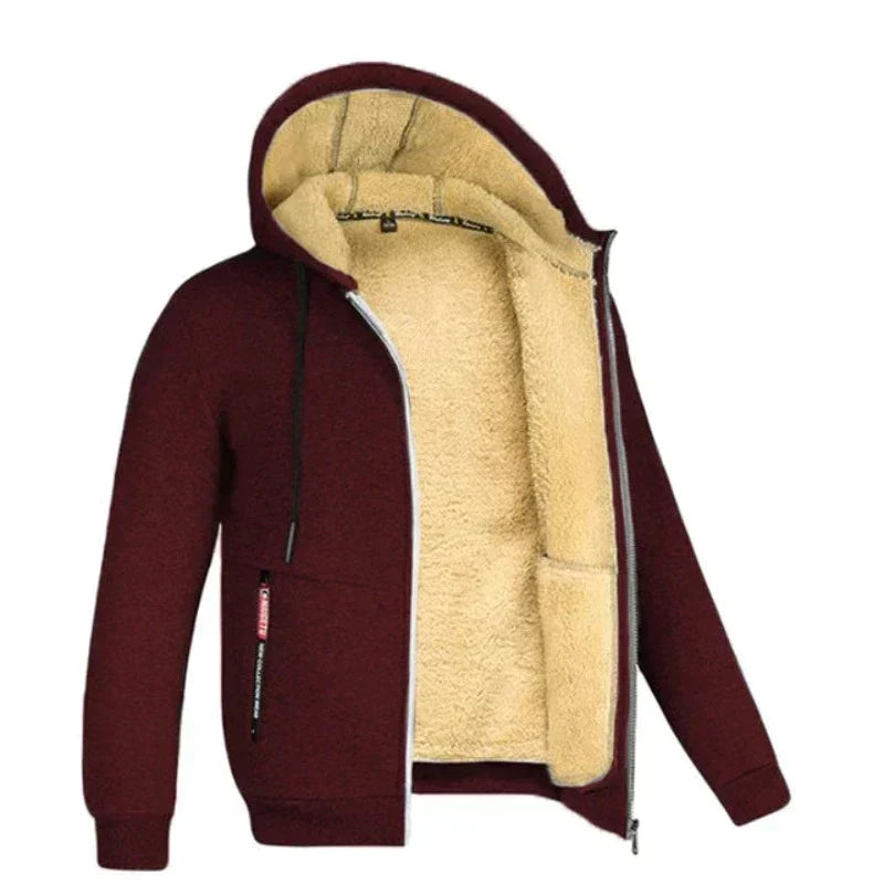Men's Regular-Length Hooded Jacket with Wool Lining and Zipped Pockets - Wine Red