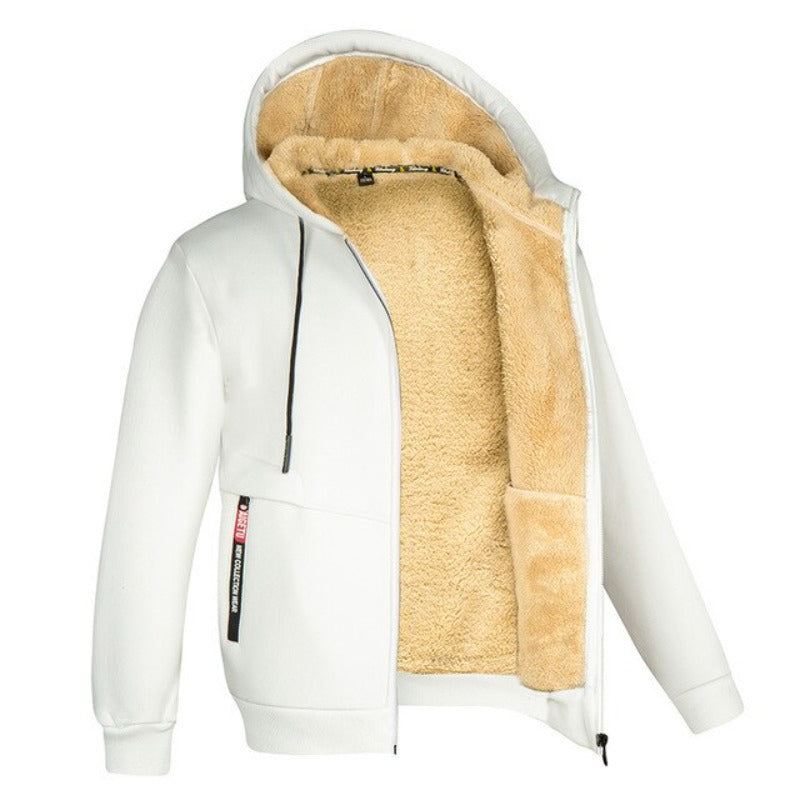 Men's Regular-Length Hooded Jacket with Wool Lining and Zipped Pockets - White