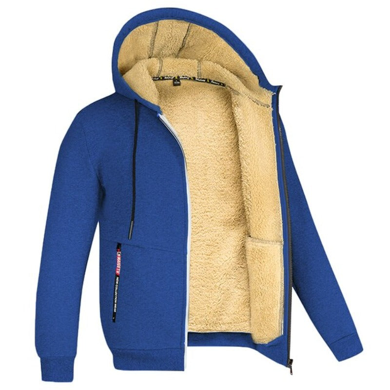 Men's Regular-Length Hooded Jacket with Wool Lining and Zipped Pockets - Royal Blue