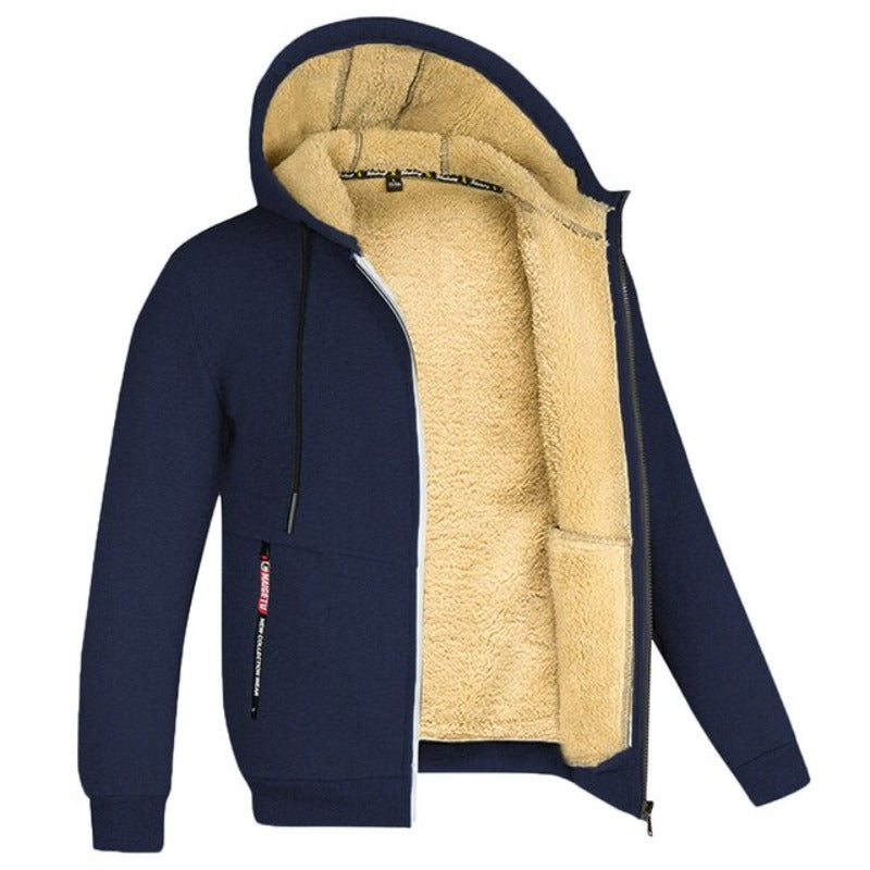 Men's Regular-Length Hooded Jacket with Wool Lining and Zipped Pockets - Navy Blue