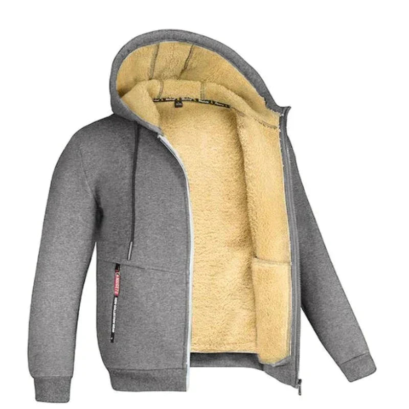 Men's Regular-Length Hooded Jacket with Wool Lining and Zipped Pockets - Gray