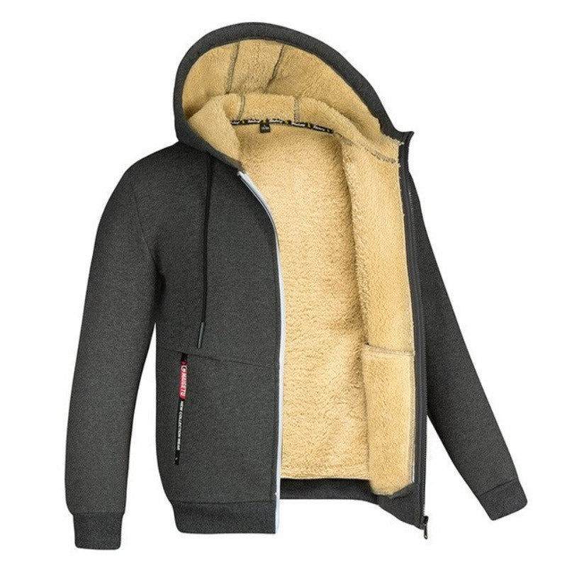 Men's Regular-Length Hooded Jacket with Wool Lining and Zipped Pockets - Dark Gray