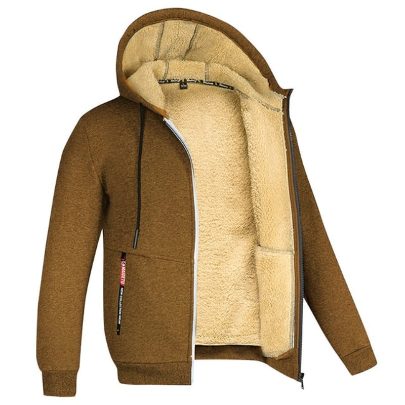 Men's Regular-Length Hooded Jacket with Wool Lining and Zipped Pockets - Brown
