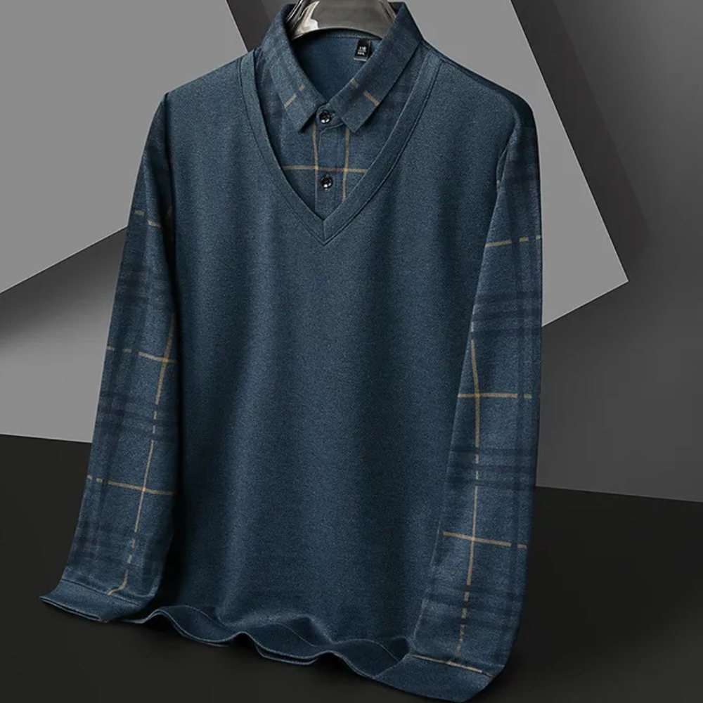 Men's Layered V Neck Sweater with Printed Sleeve Accents