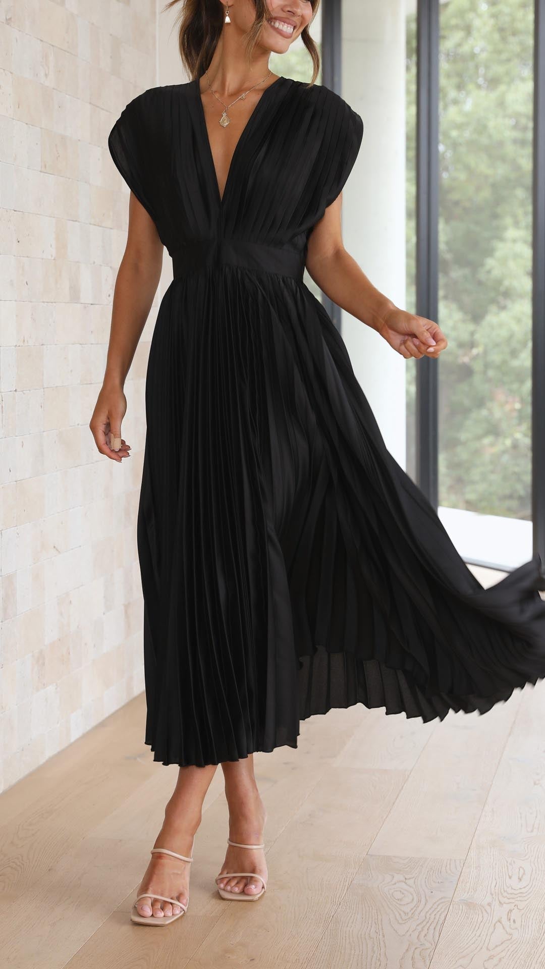 Women's Pleated Satin Midi Dress with Draped V-Neck