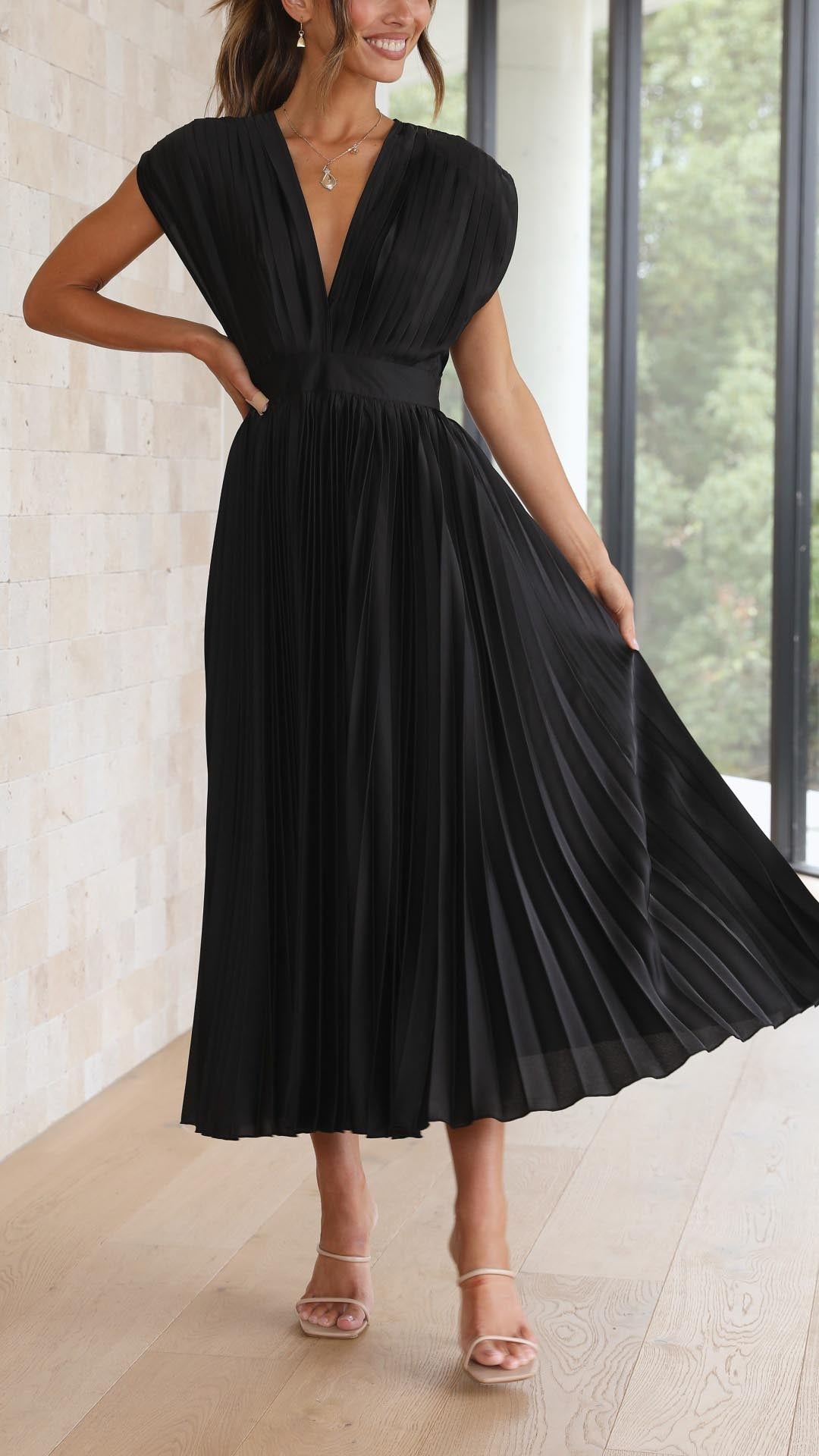 Women's Pleated Satin Midi Dress with Draped V-Neck