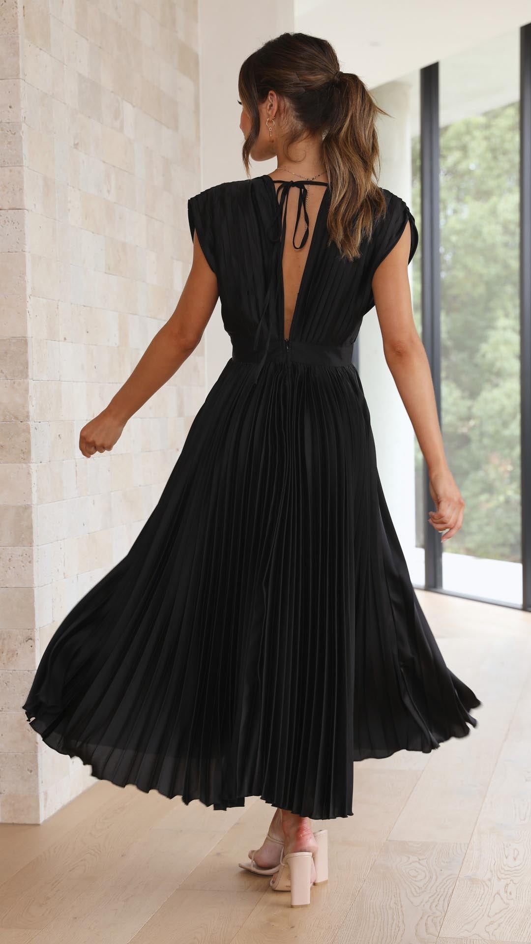Women's Pleated Satin Midi Dress with Draped V-Neck