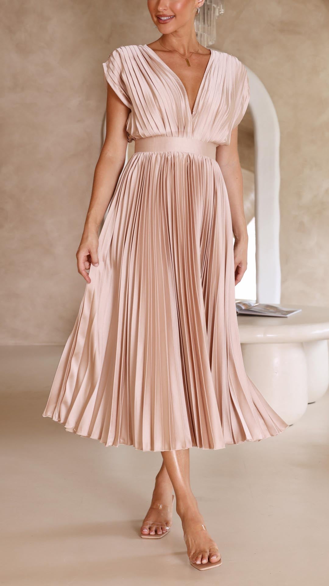 Women's Pleated Satin Midi Dress with Draped V-Neck
