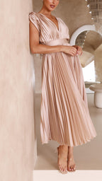 Women's Pleated Satin Midi Dress with Draped V-Neck