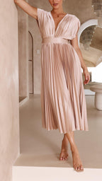 Women's Pleated Satin Midi Dress with Draped V-Neck