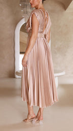 Women's Pleated Satin Midi Dress with Draped V-Neck