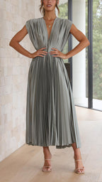 Women's Pleated Satin Midi Dress with Draped V-Neck