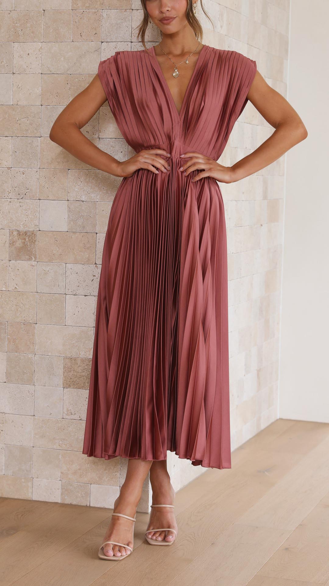 Women's Pleated Satin Midi Dress with Draped V-Neck