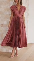 Women's Pleated Satin Midi Dress with Draped V-Neck