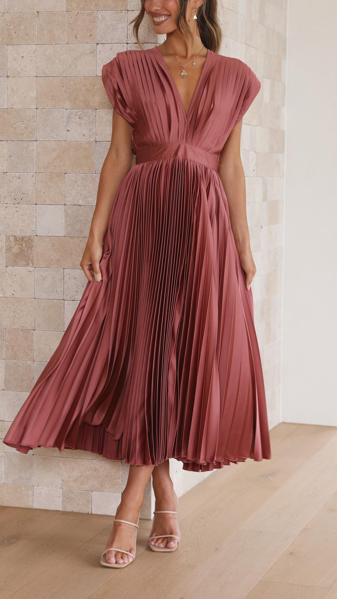Women's Pleated Satin Midi Dress with Draped V-Neck