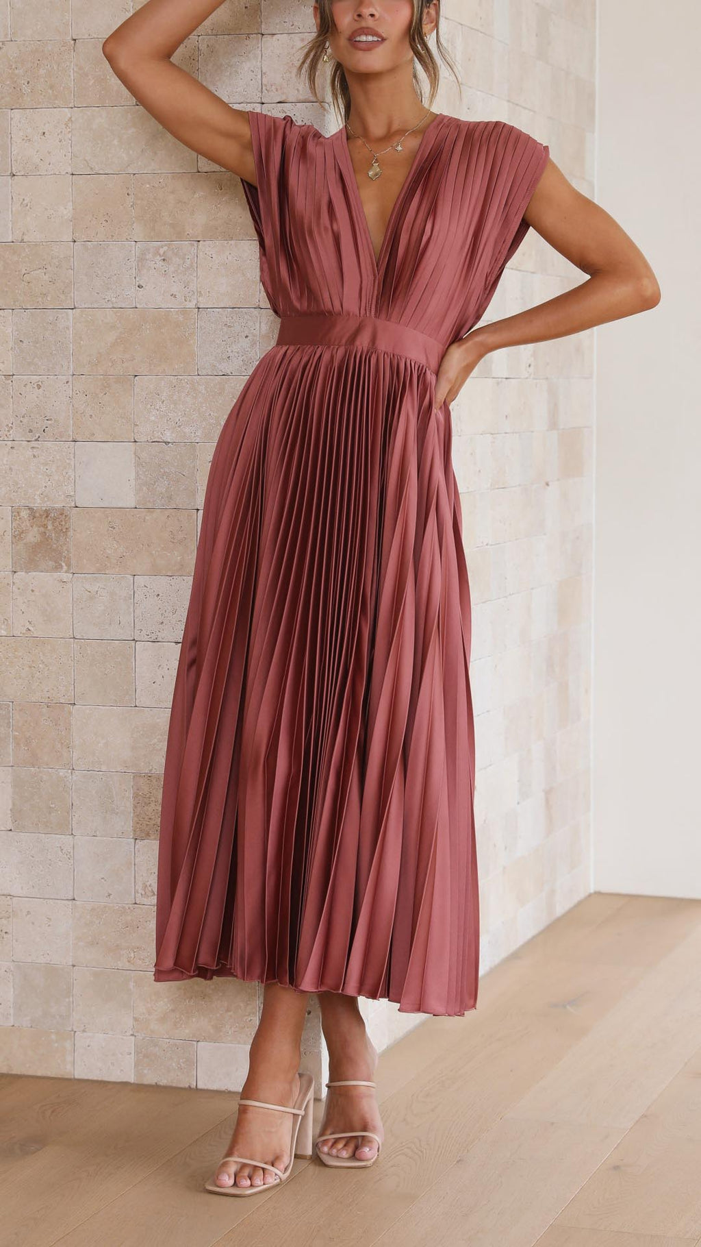 Women's Pleated Satin Midi Dress with Draped V-Neck