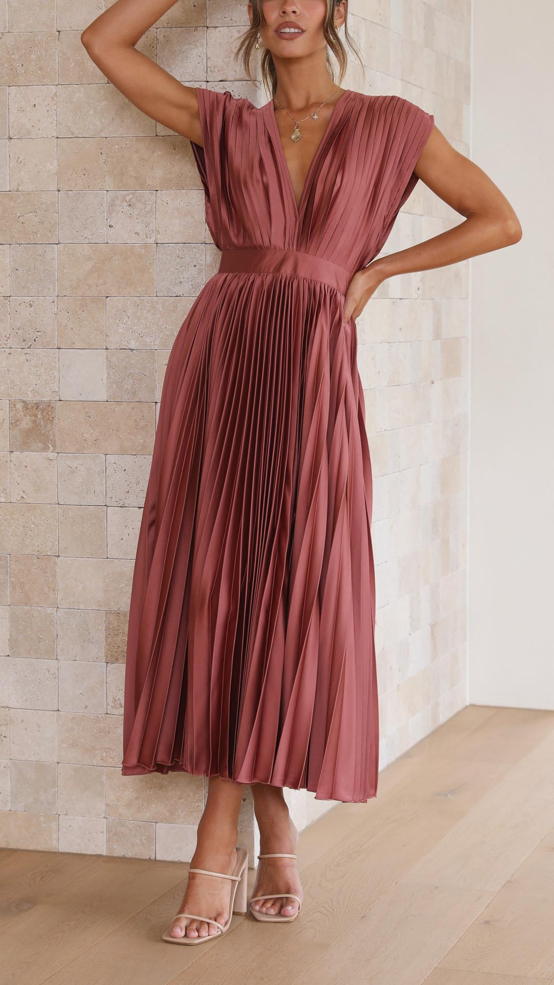 Women's Pleated Satin Midi Dress with Draped V-Neck