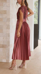 Women's Pleated Satin Midi Dress with Draped V-Neck