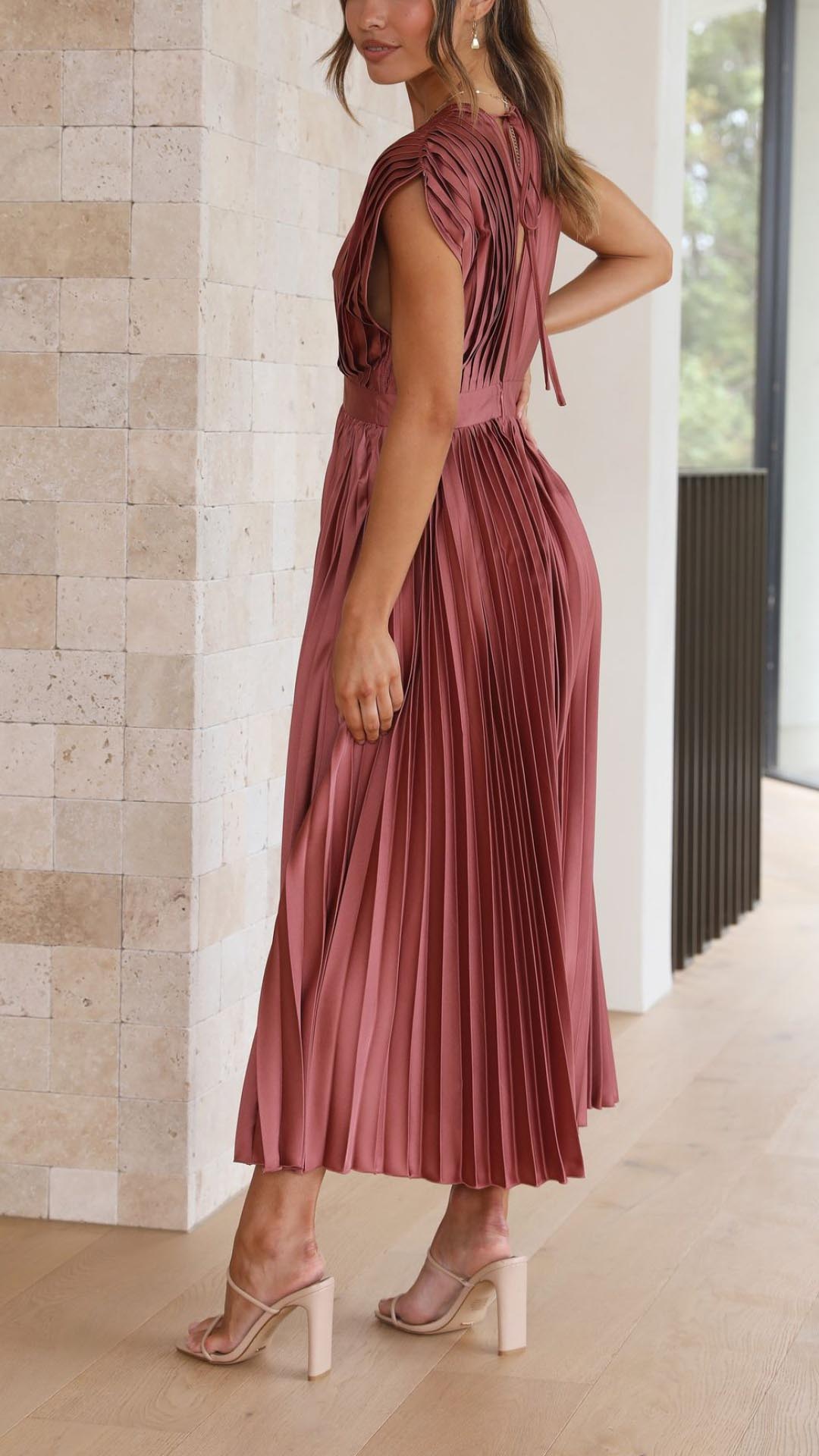 Women's Pleated Satin Midi Dress with Draped V-Neck