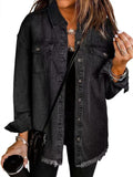 Women's Dropped-Shoulder Oversized Denim Jacket with Chest Pockets - Black