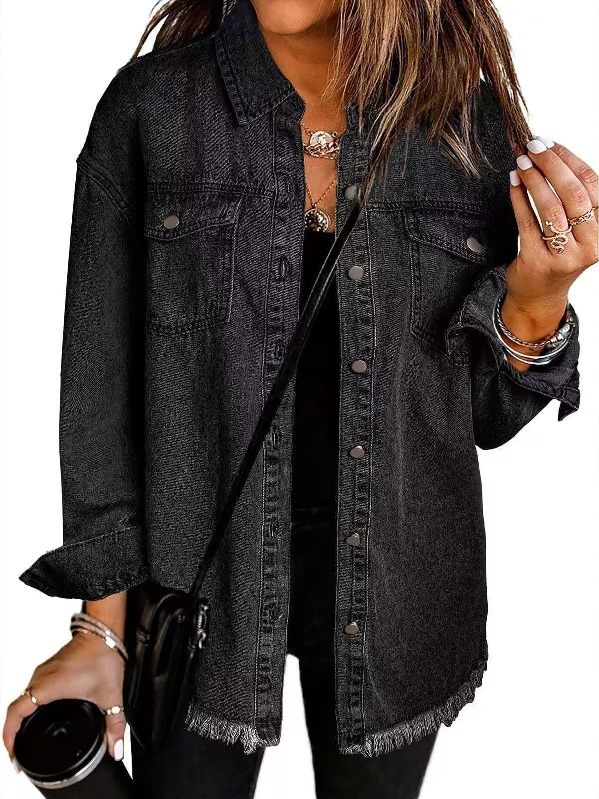 Women's Dropped-Shoulder Oversized Denim Jacket with Chest Pockets - Black