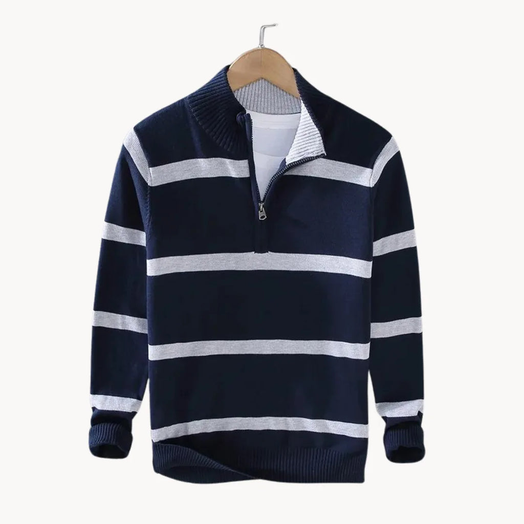 Men's Quarter Zip Jumper with Stand Collar Striped Knit
