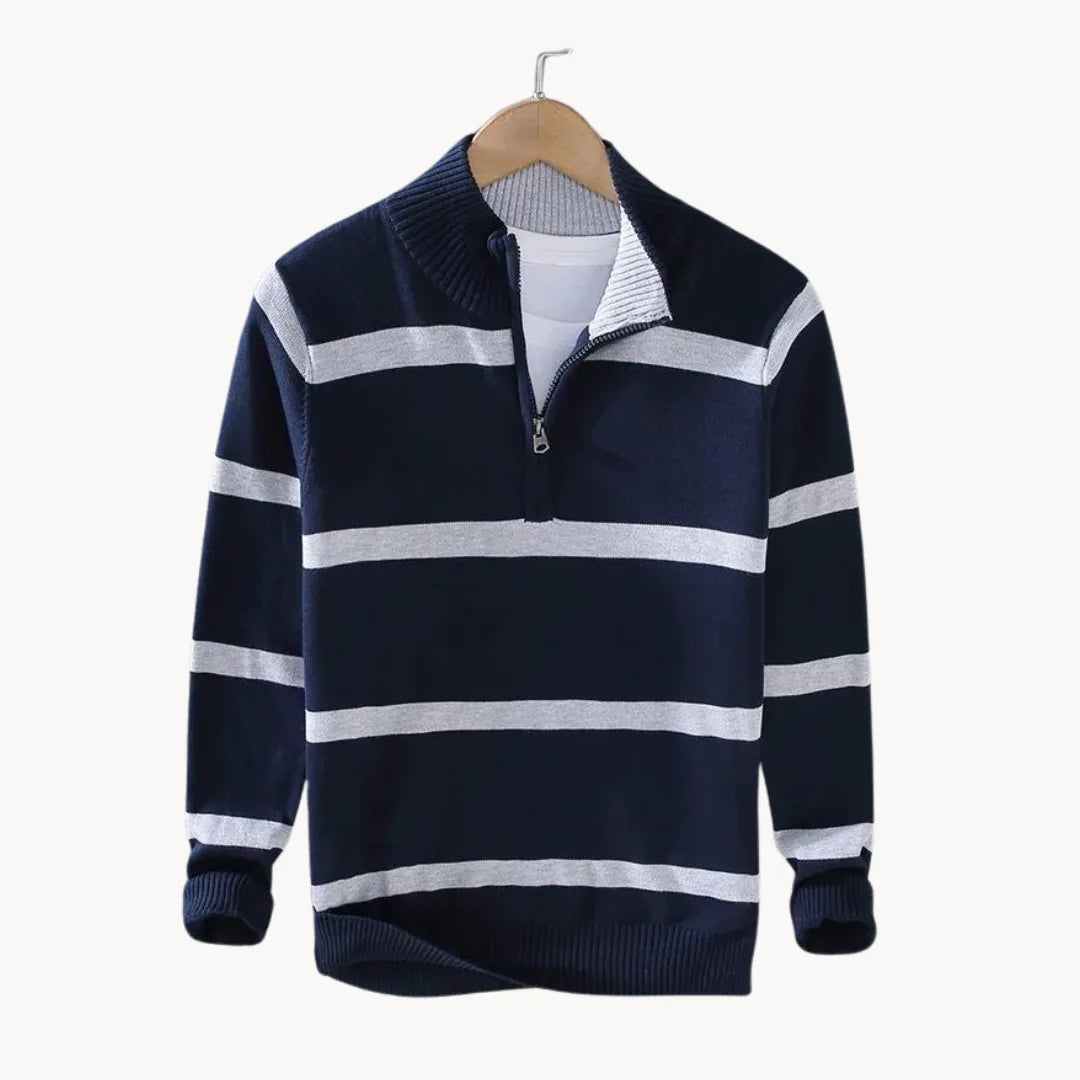 Men's Quarter Zip Jumper with Stand Collar Striped Knit