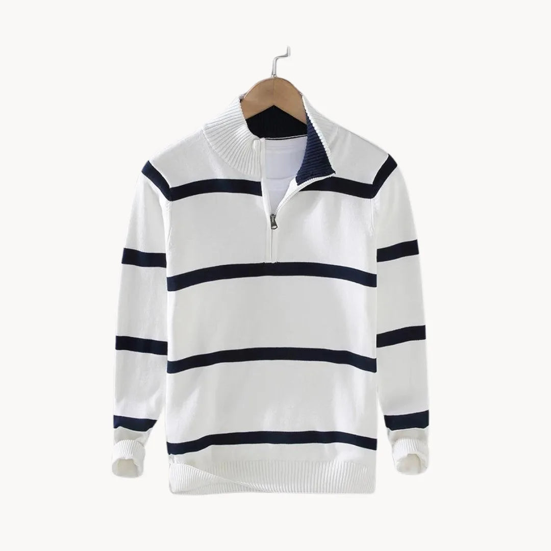 Men's Quarter Zip Jumper with Stand Collar Striped Knit