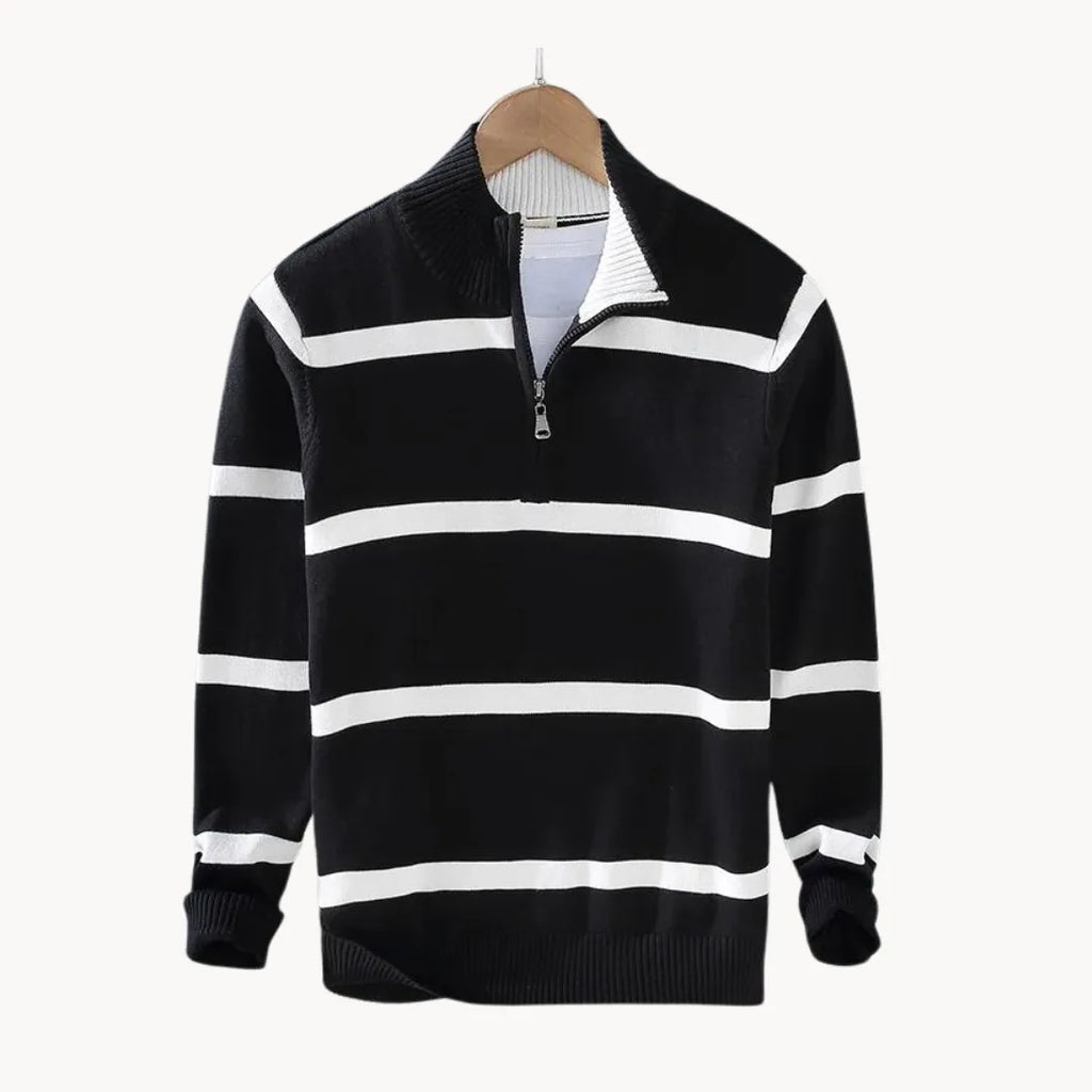 Men's Quarter Zip Jumper with Stand Collar Striped Knit