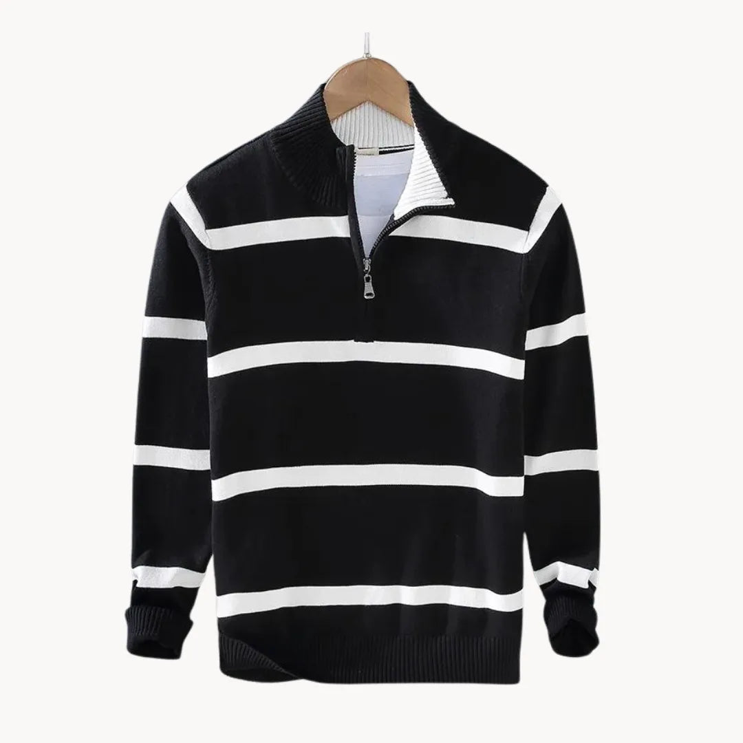 Men's Quarter Zip Jumper with Stand Collar Striped Knit