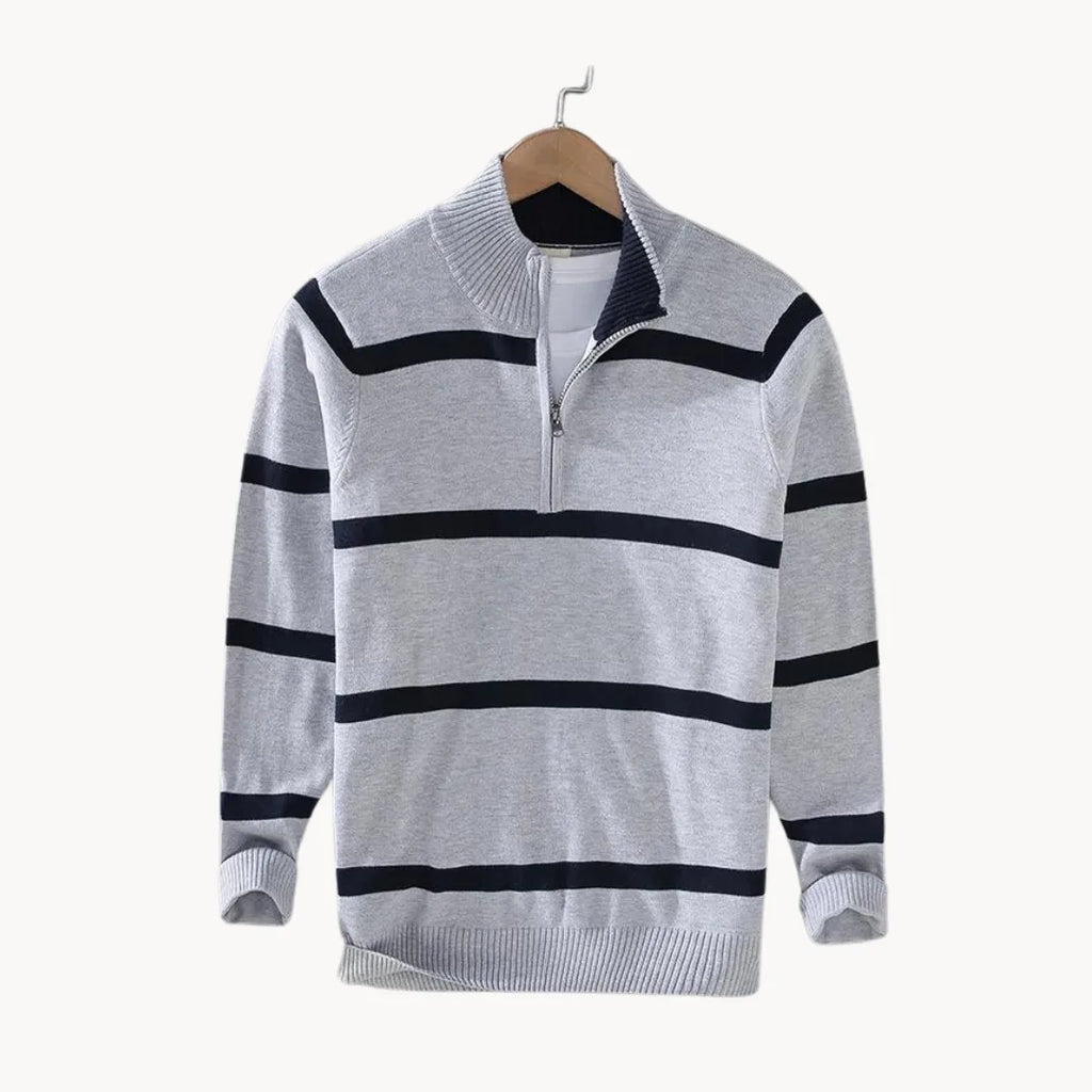 Men's Quarter Zip Jumper with Stand Collar Striped Knit