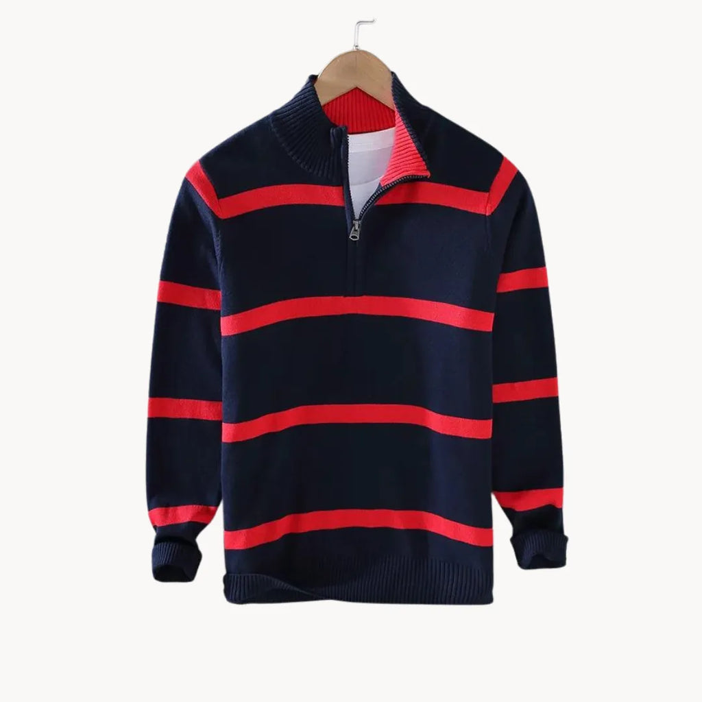 Men's Quarter Zip Jumper with Stand Collar Striped Knit