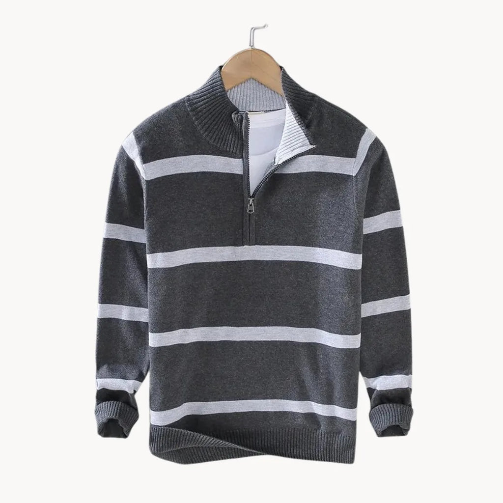Men's Quarter Zip Jumper with Stand Collar Striped Knit