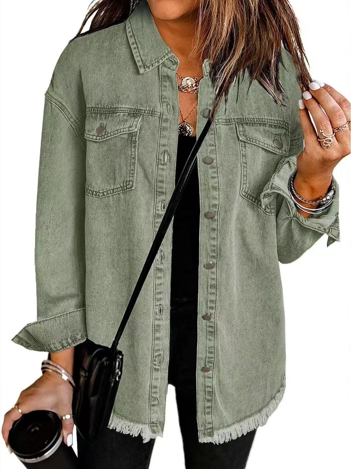 Women's Dropped-Shoulder Oversized Denim Jacket with Chest Pockets - Sage Green