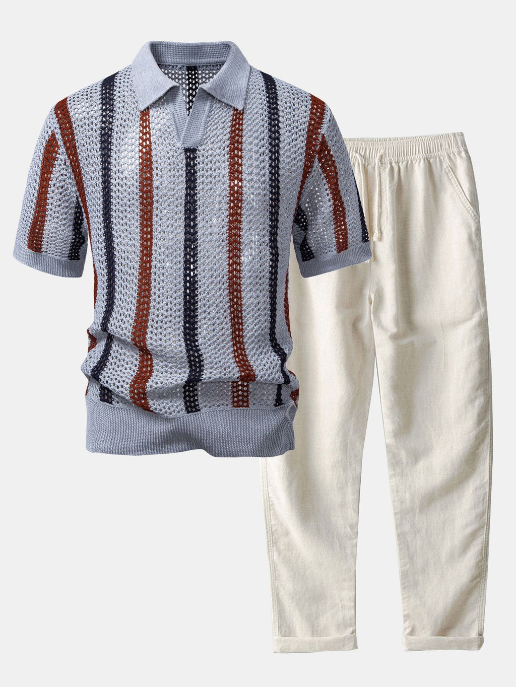 Men's Crochet Stripe Polo and Linen Trousers Summer Set
