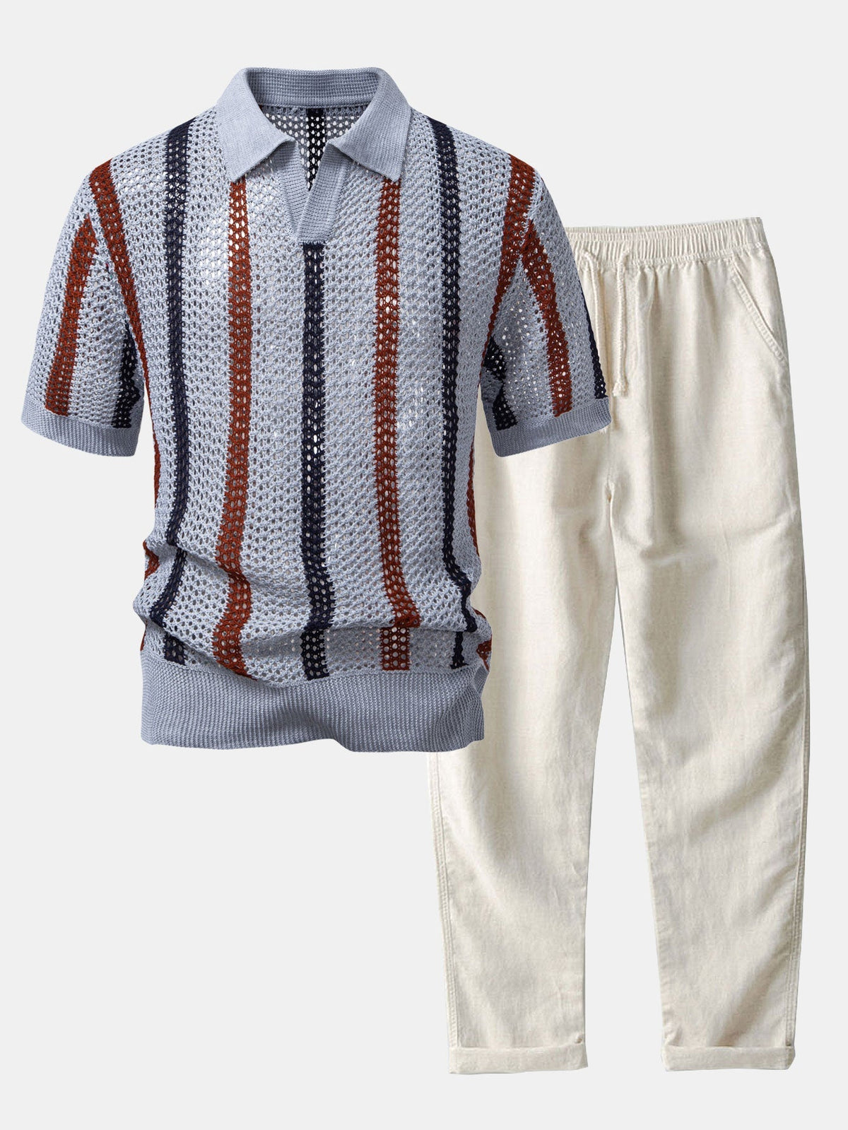 Men's Crochet Stripe Polo and Linen Trousers Summer Set