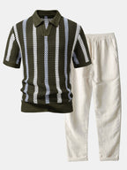 Men's Crochet Stripe Polo and Linen Trousers Summer Set