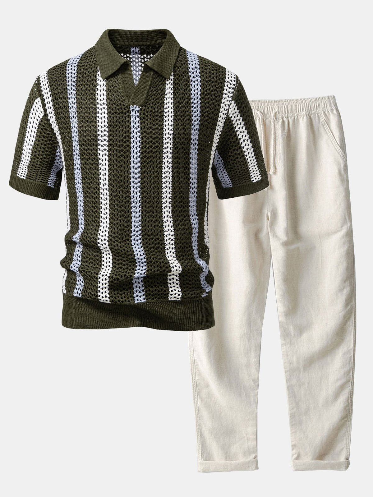 Men's Crochet Stripe Polo and Linen Trousers Summer Set