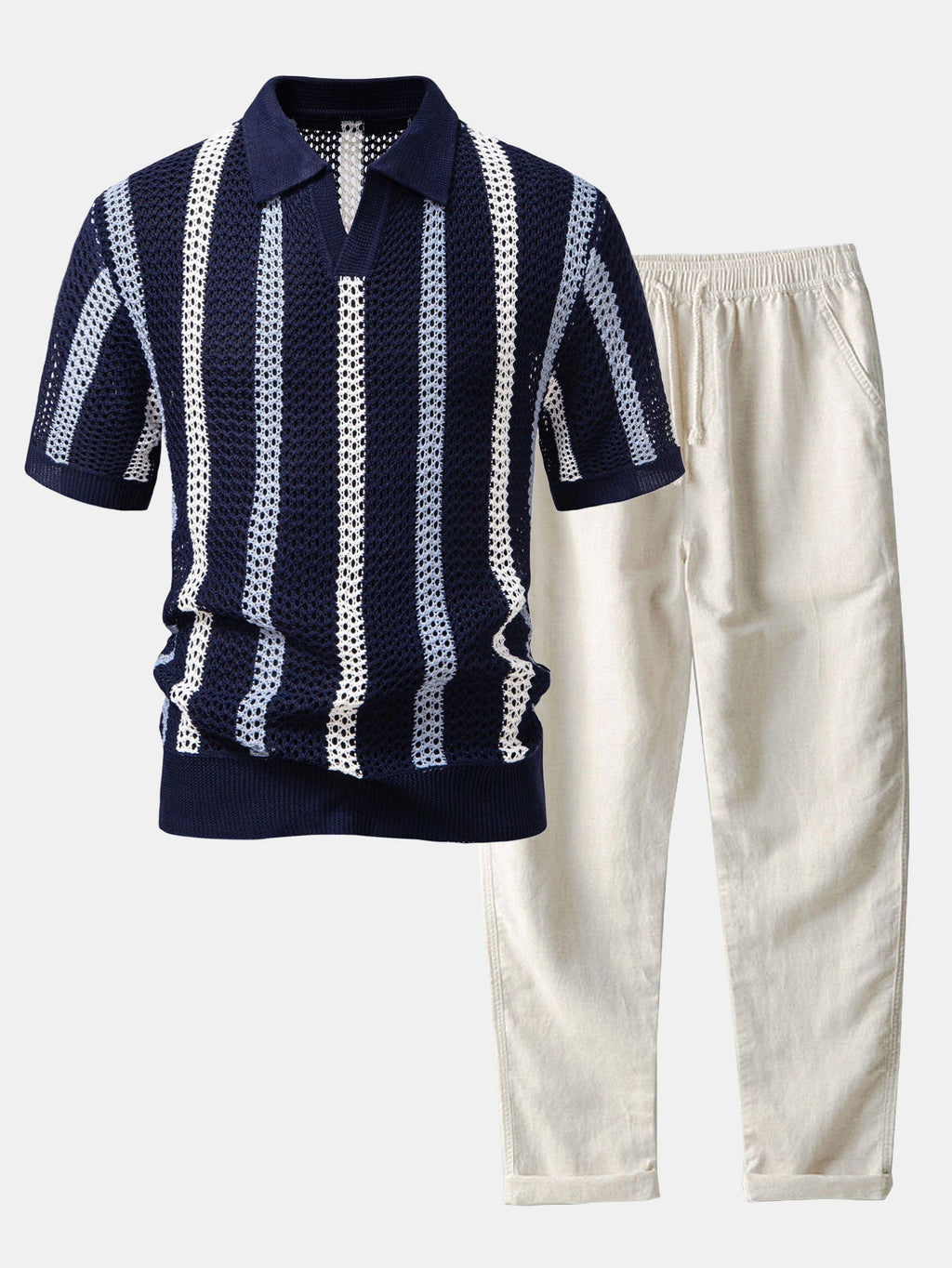 Men's Crochet Stripe Polo and Linen Trousers Summer Set