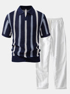 Men's Crochet Stripe Polo and Linen Trousers Summer Set